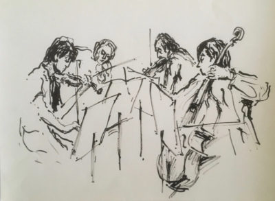 Drawing by Milein Cosman of Hans Keller playing viola in a string quartet.