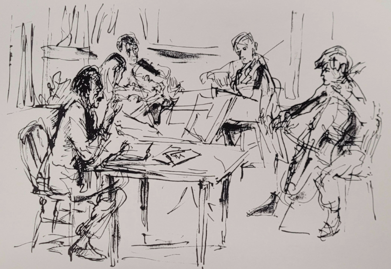 Drawing of Hans Keller coaching a string quartet, by Milein Cosman